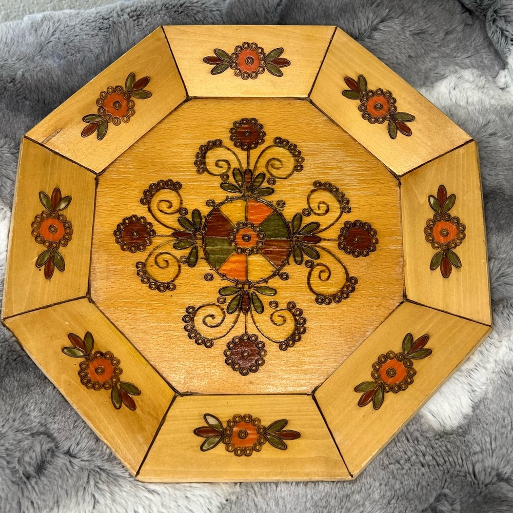 Vintage Mid-Century Folk Art Hand-Painted Pyrography Wooden Hexagon plate